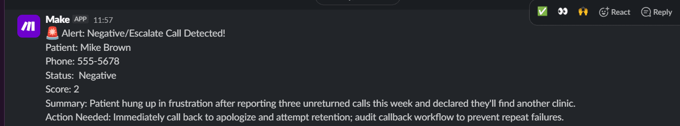 Escalated call, Slack alert