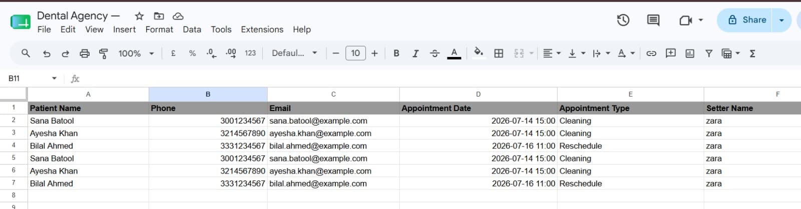 Appointment Table Google Sheet