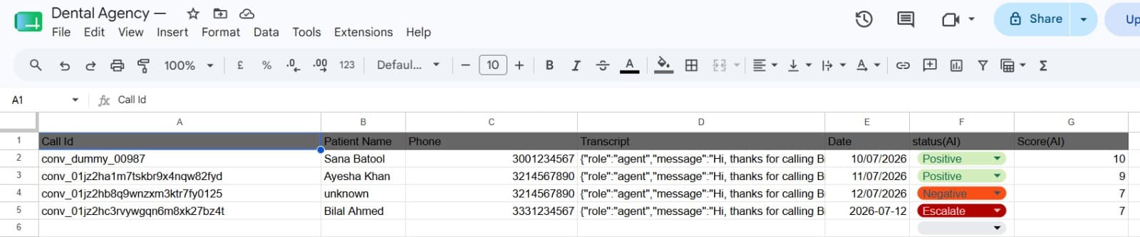 Call Record Google Sheet