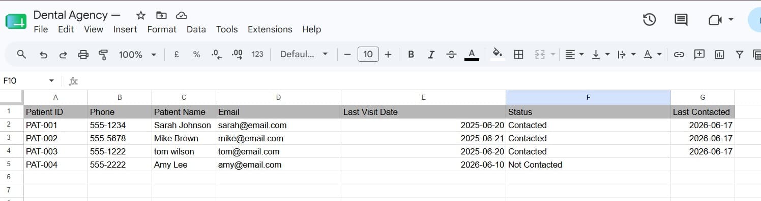 Patient Table Google Sheet