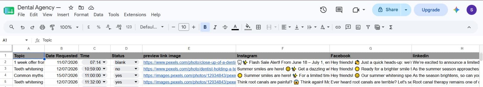 Social Media Draft Google Sheet